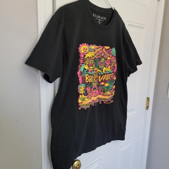 Killer Acid Black Graphic Print T Shirt Neon Please Prevent Bad Vibes Size L - Picture 3 of 7